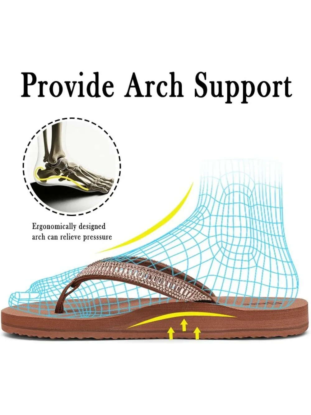 Women's Black Brown Summer Comfortable Flip Flops with Rhinestone Thong Sandals